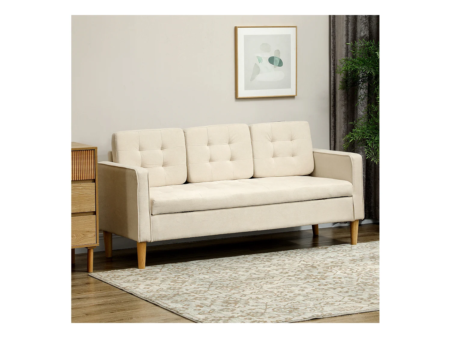 Canapé 3 places avec rangement, pieds en bois, tissu velours, blanc (166.5x62x82 cm)