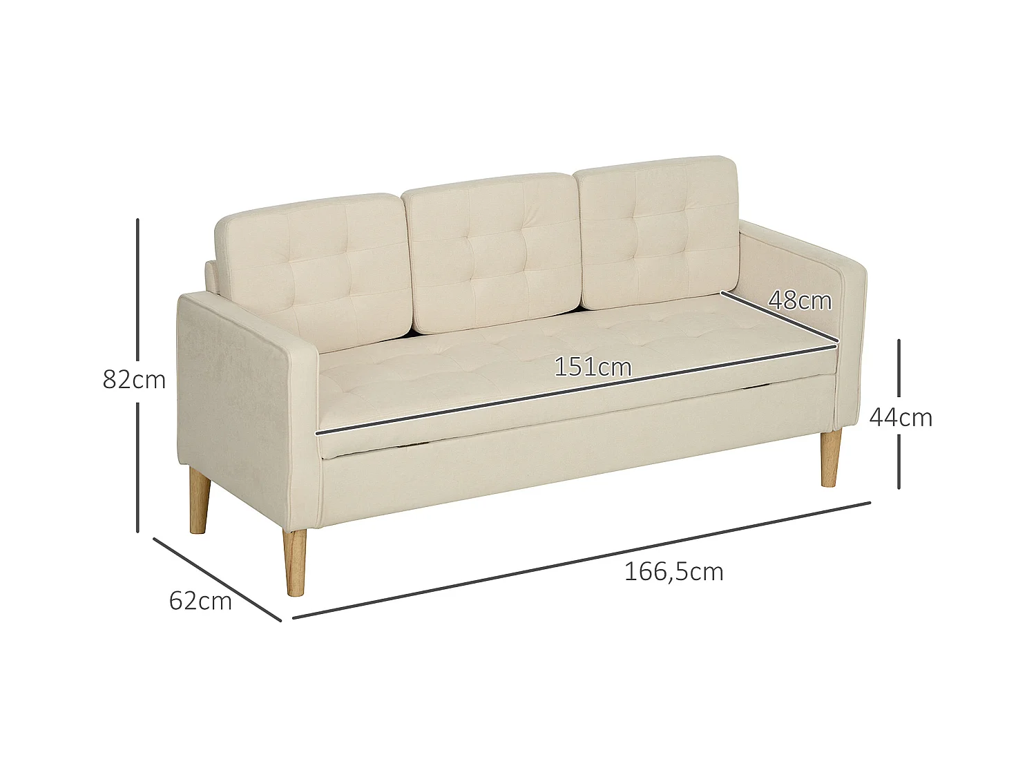 Canapé 3 places avec rangement, pieds en bois, tissu velours, blanc (166.5x62x82 cm)