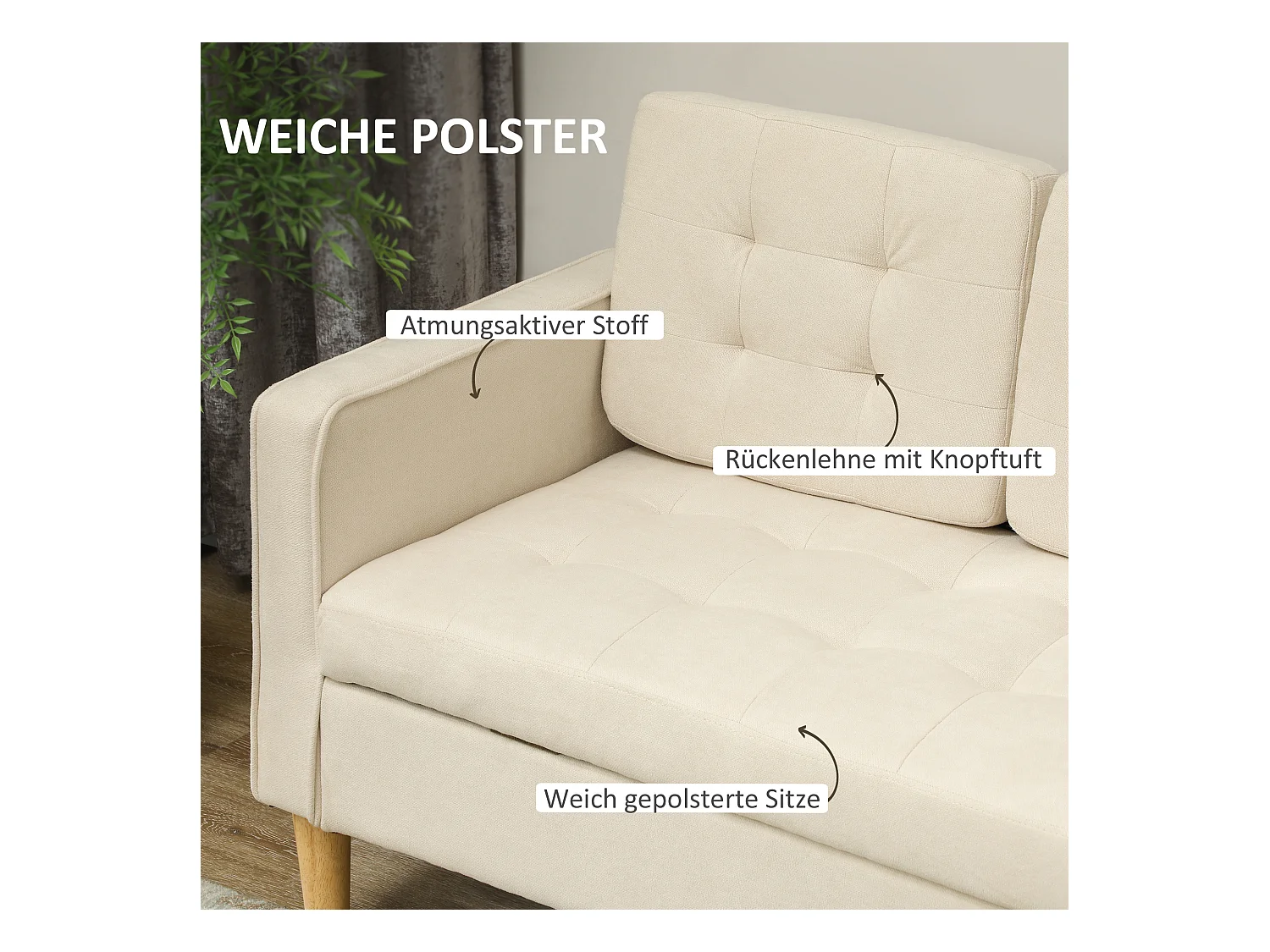 Canapé 3 places avec rangement, pieds en bois, tissu velours, blanc (166.5x62x82 cm)