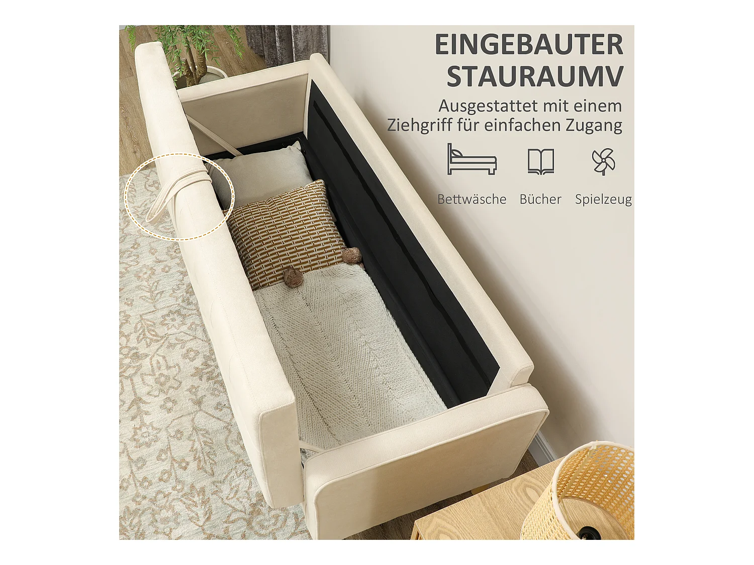 Canapé 3 places avec rangement, pieds en bois, tissu velours, blanc (166.5x62x82 cm)