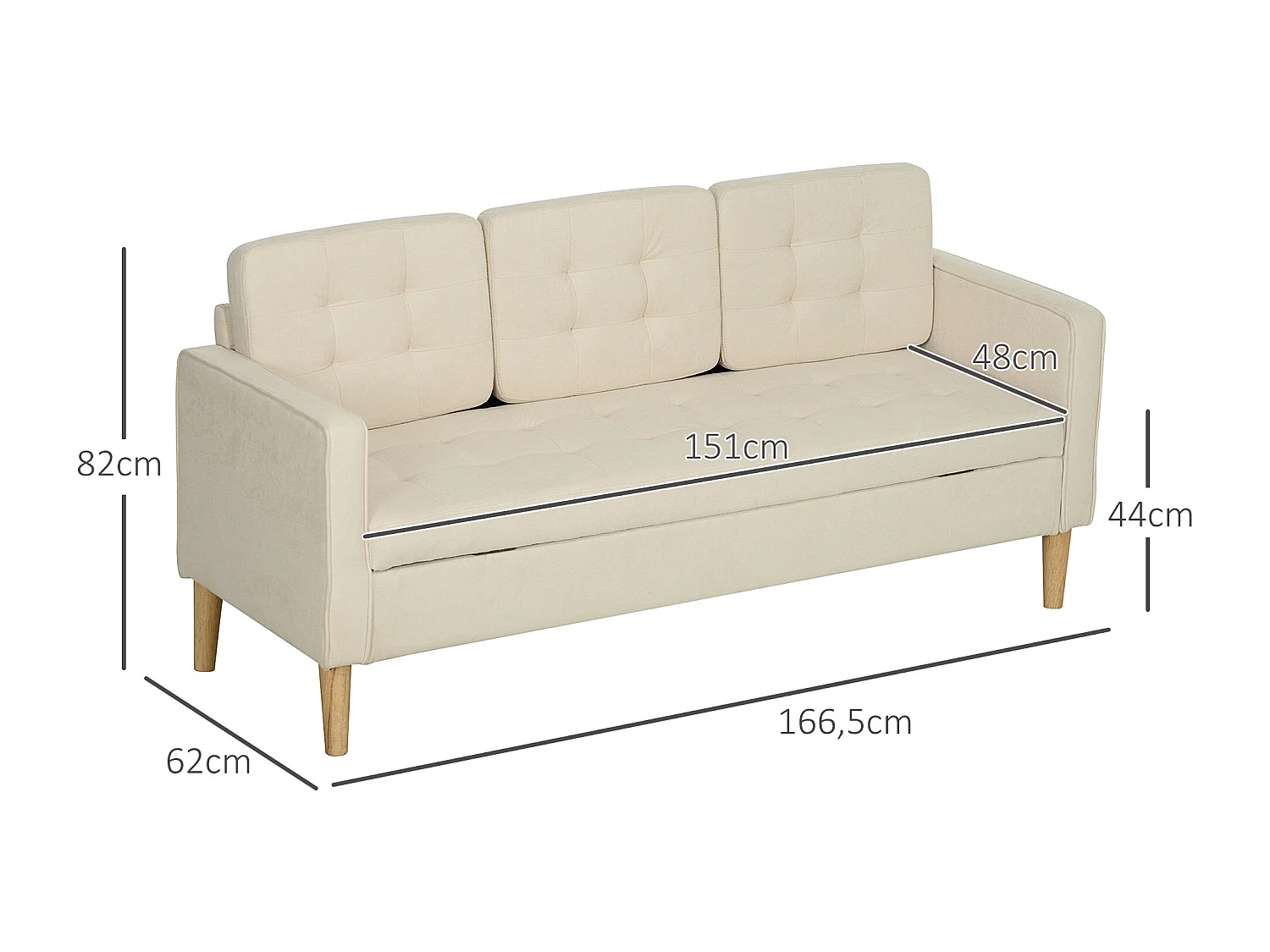 Canapé 3 places avec rangement, pieds en bois, tissu velours, blanc (166.5x62x82 cm)