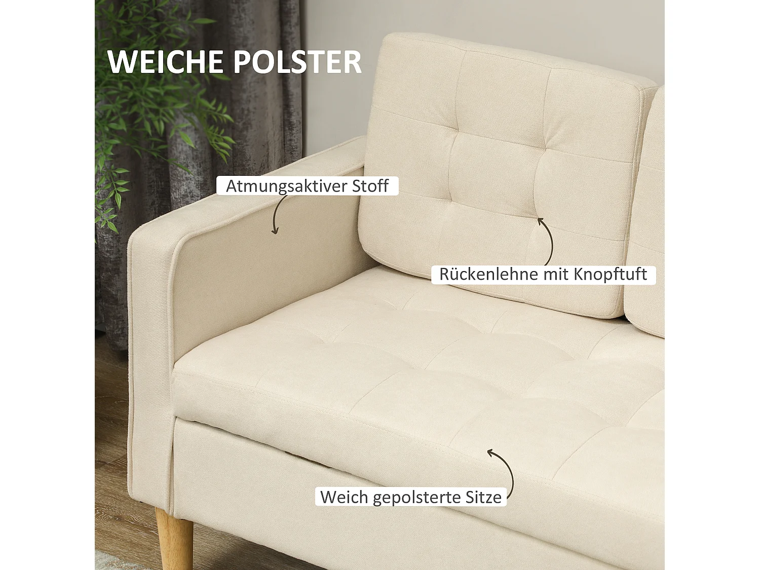 Canapé 3 places avec rangement, pieds en bois, tissu velours, blanc (166.5x62x82 cm)