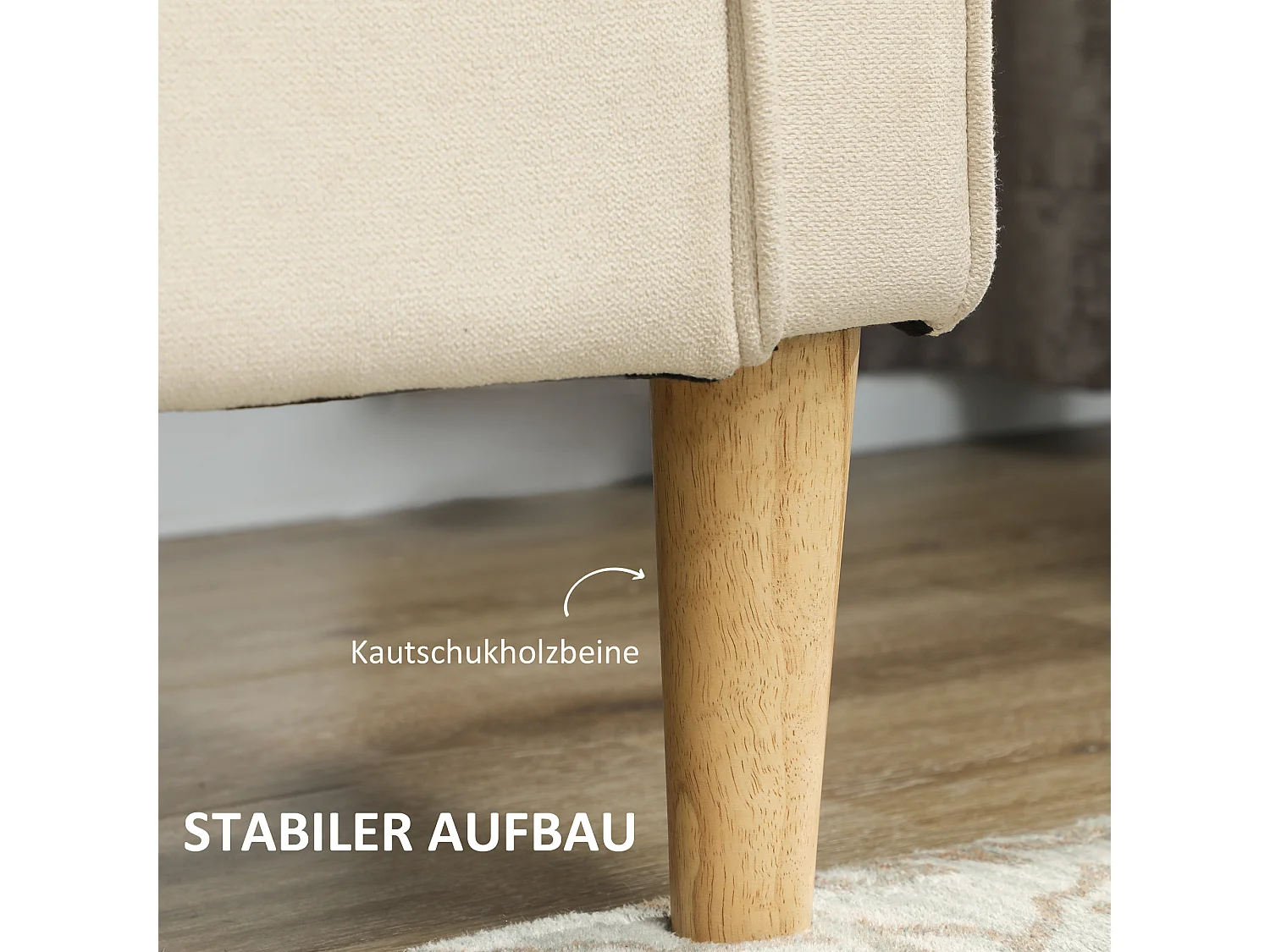 Canapé 3 places avec rangement, pieds en bois, tissu velours, blanc (166.5x62x82 cm)