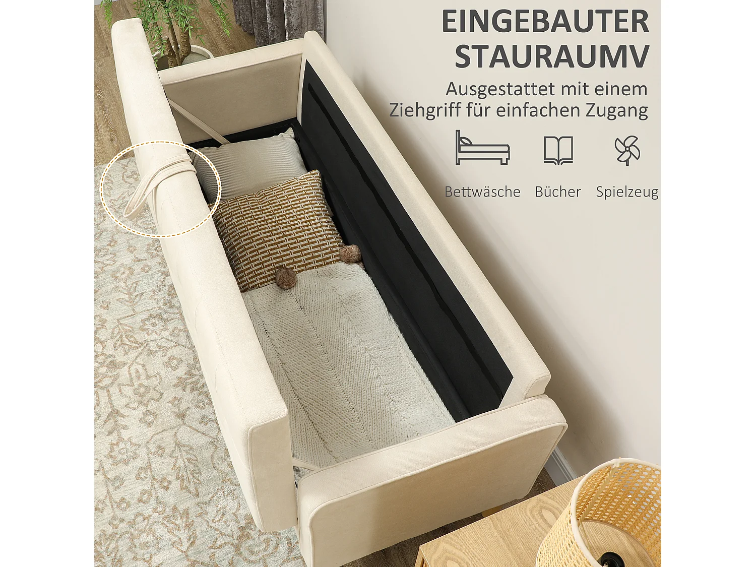 Canapé 3 places avec rangement, pieds en bois, tissu velours, blanc (166.5x62x82 cm)