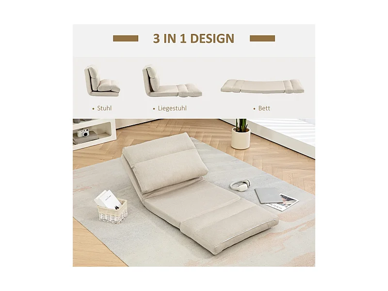 6-standen verstelbare opvouwbare fauteuil, dik kussen, bedfunctie, polyester, beige (70x72x56cm)