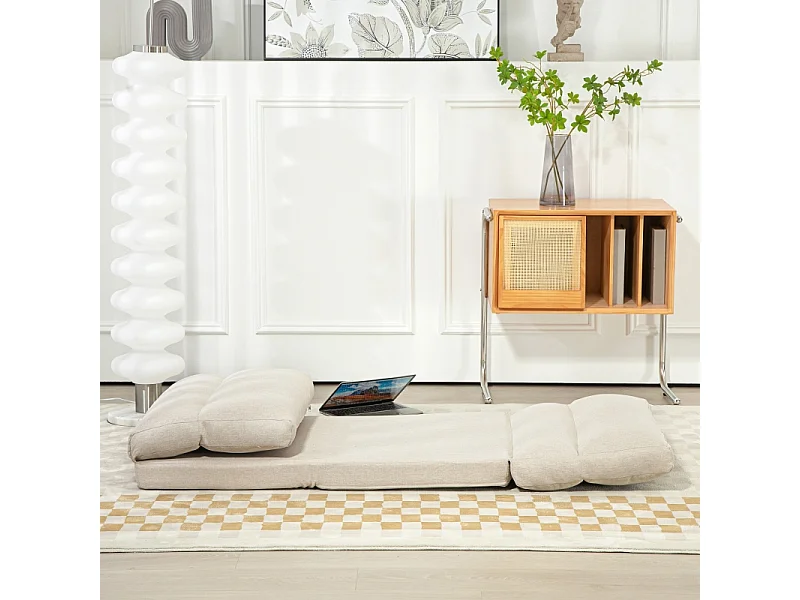 Fauteuil pliant réglable 6 positions, coussin épais, fonction lit, polyester, beige (70x72x56cm)