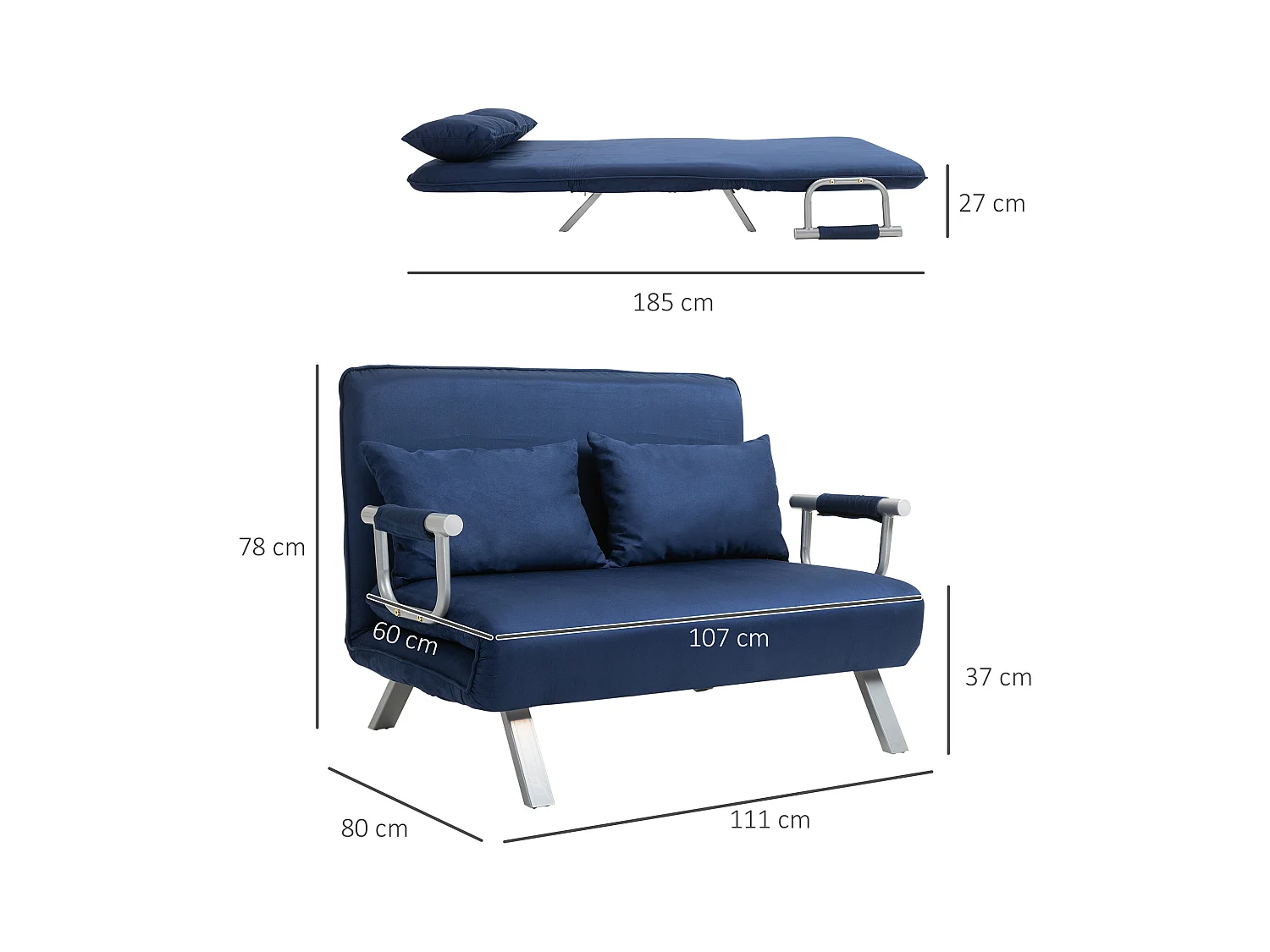 Canapé convertible 2 places avec dossier réglable, tissu velours, bleu (111x80x78 cm)
