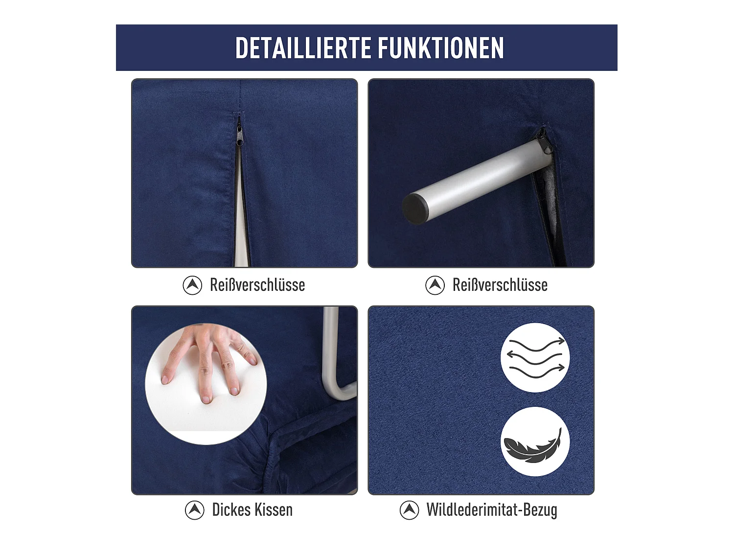 Canapé convertible 2 places avec dossier réglable, tissu velours, bleu (111x80x78 cm)