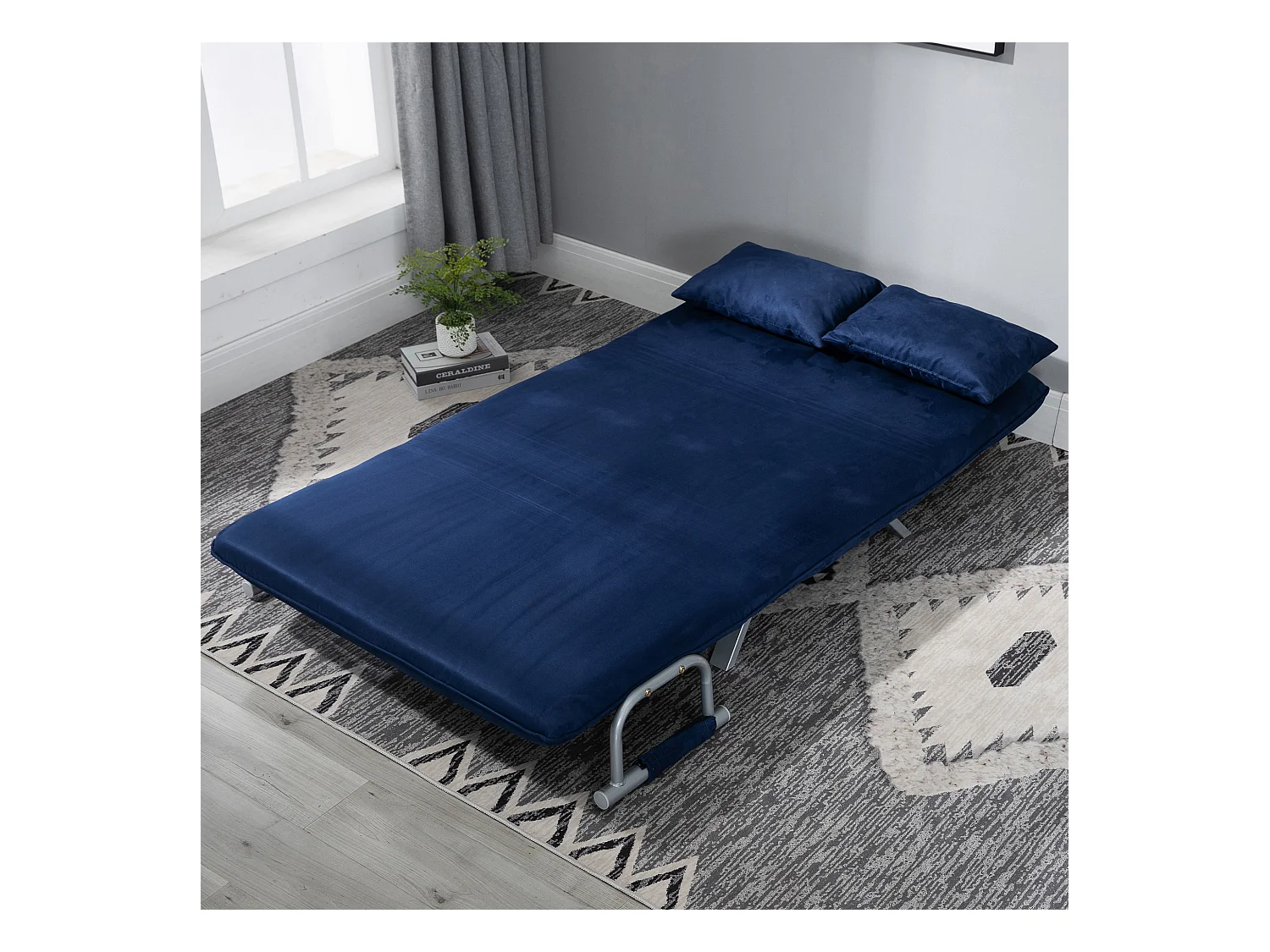 Canapé convertible 2 places avec dossier réglable, tissu velours, bleu (111x80x78 cm)