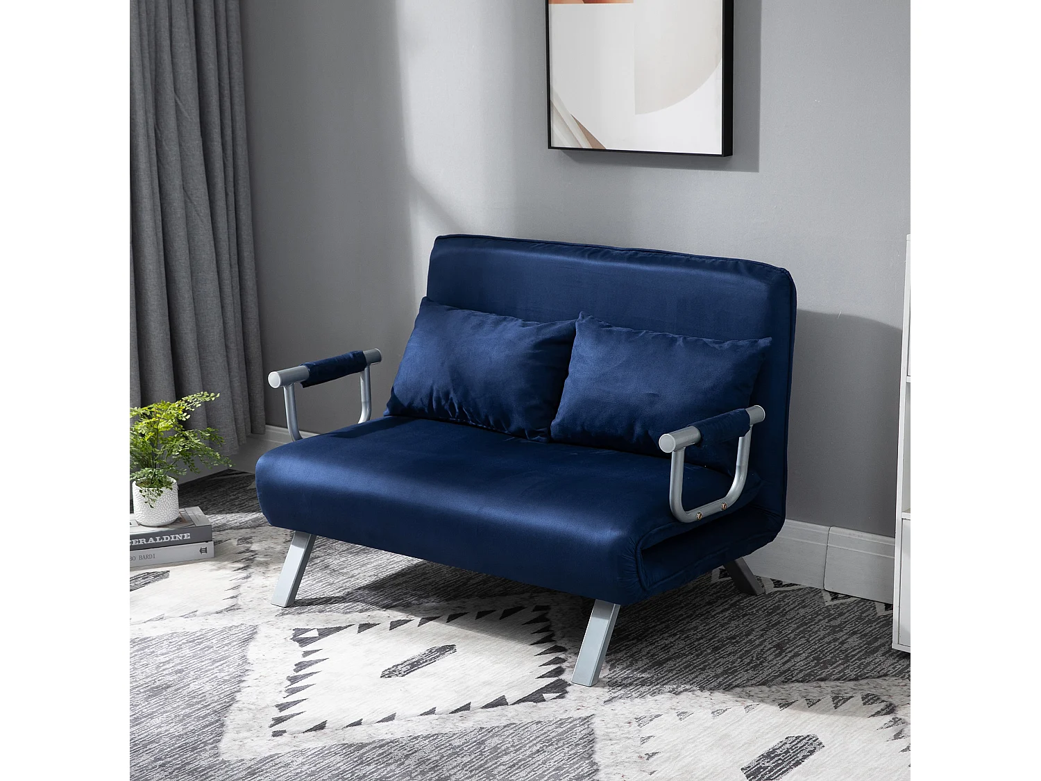 Divano trasformabile a 2 posti con schienale regolabile, tessuto in velluto, blu (111x80x78 cm)