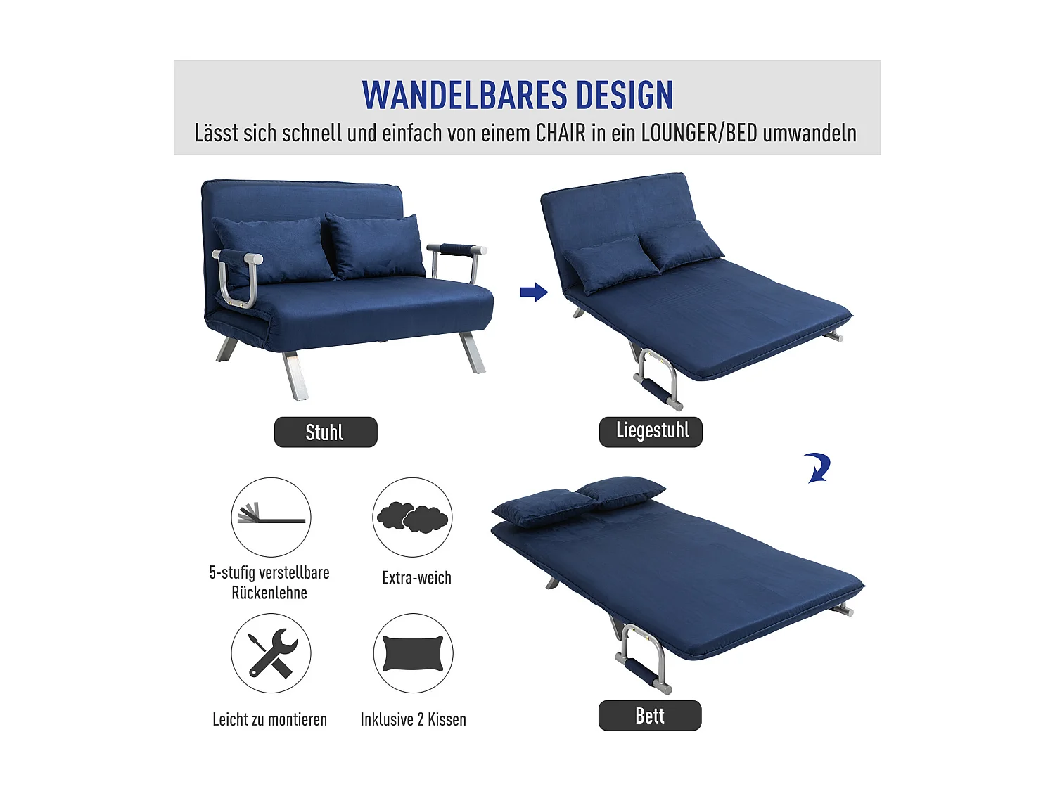 Divano trasformabile a 2 posti con schienale regolabile, tessuto in velluto, blu (111x80x78 cm)