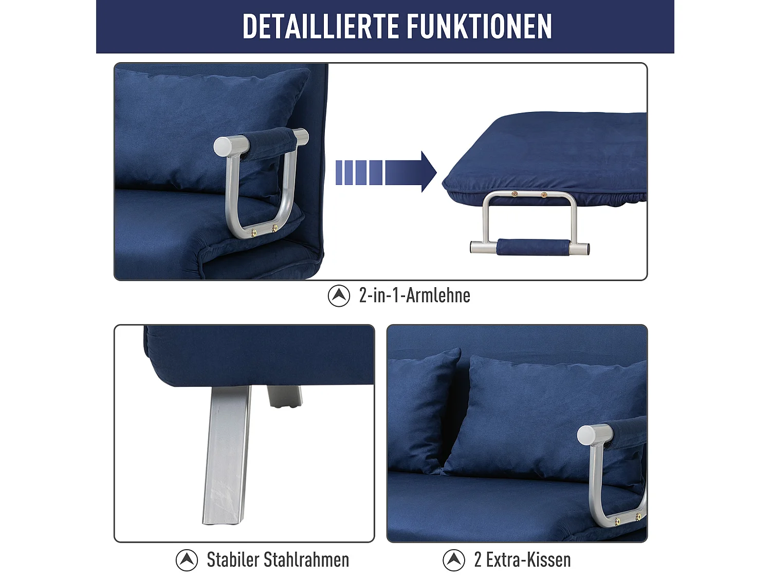 Divano trasformabile a 2 posti con schienale regolabile, tessuto in velluto, blu (111x80x78 cm)