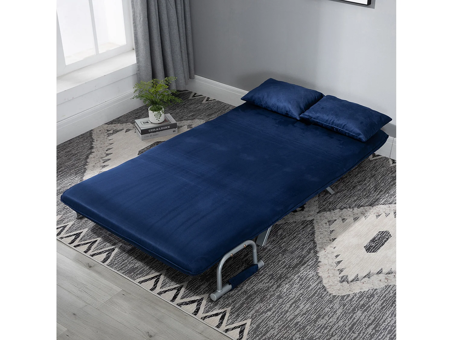 Divano trasformabile a 2 posti con schienale regolabile, tessuto in velluto, blu (111x80x78 cm)
