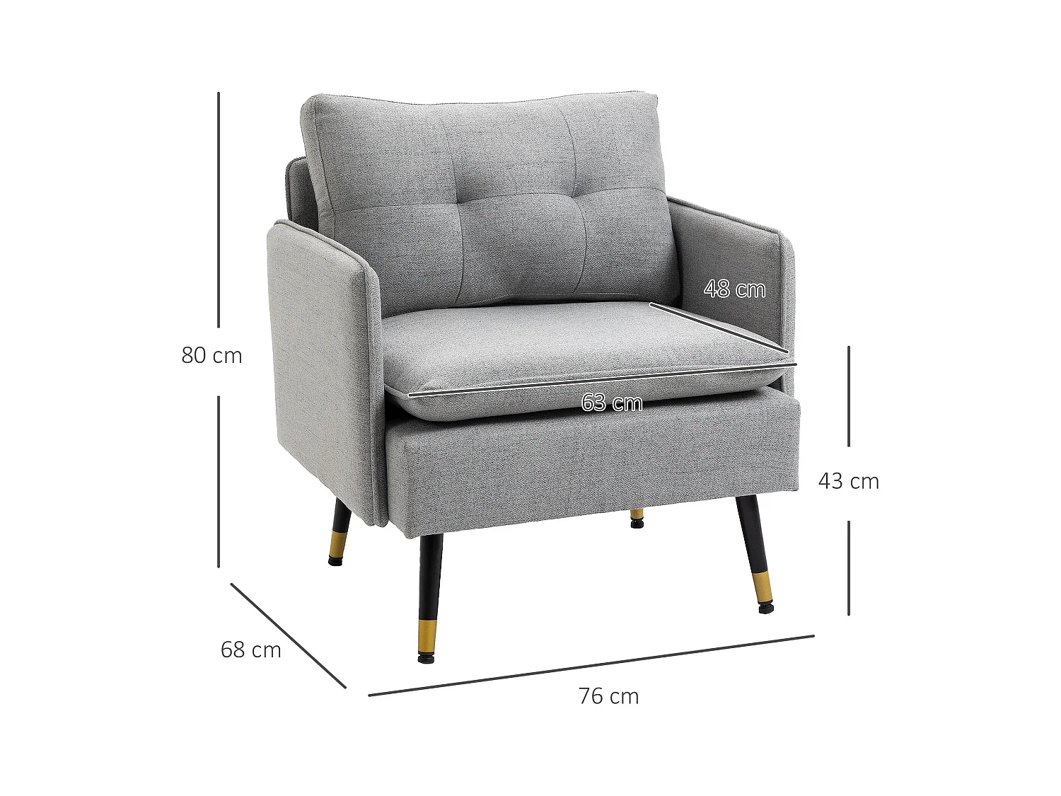 Fauteuil d’appoint en polyester effet lin, avec coussin et accoudoirs, pieds en acier, gris (76x68x80cm)