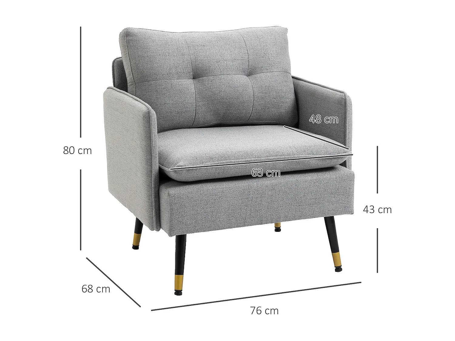 Fauteuil d’appoint en polyester effet lin, avec coussin et accoudoirs, pieds en acier, gris (76x68x80cm)