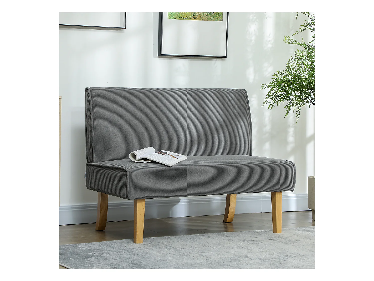 Canapé 2 places en velours côtelé, pieds en bois, rembourré, gris (110x62x85cm)
