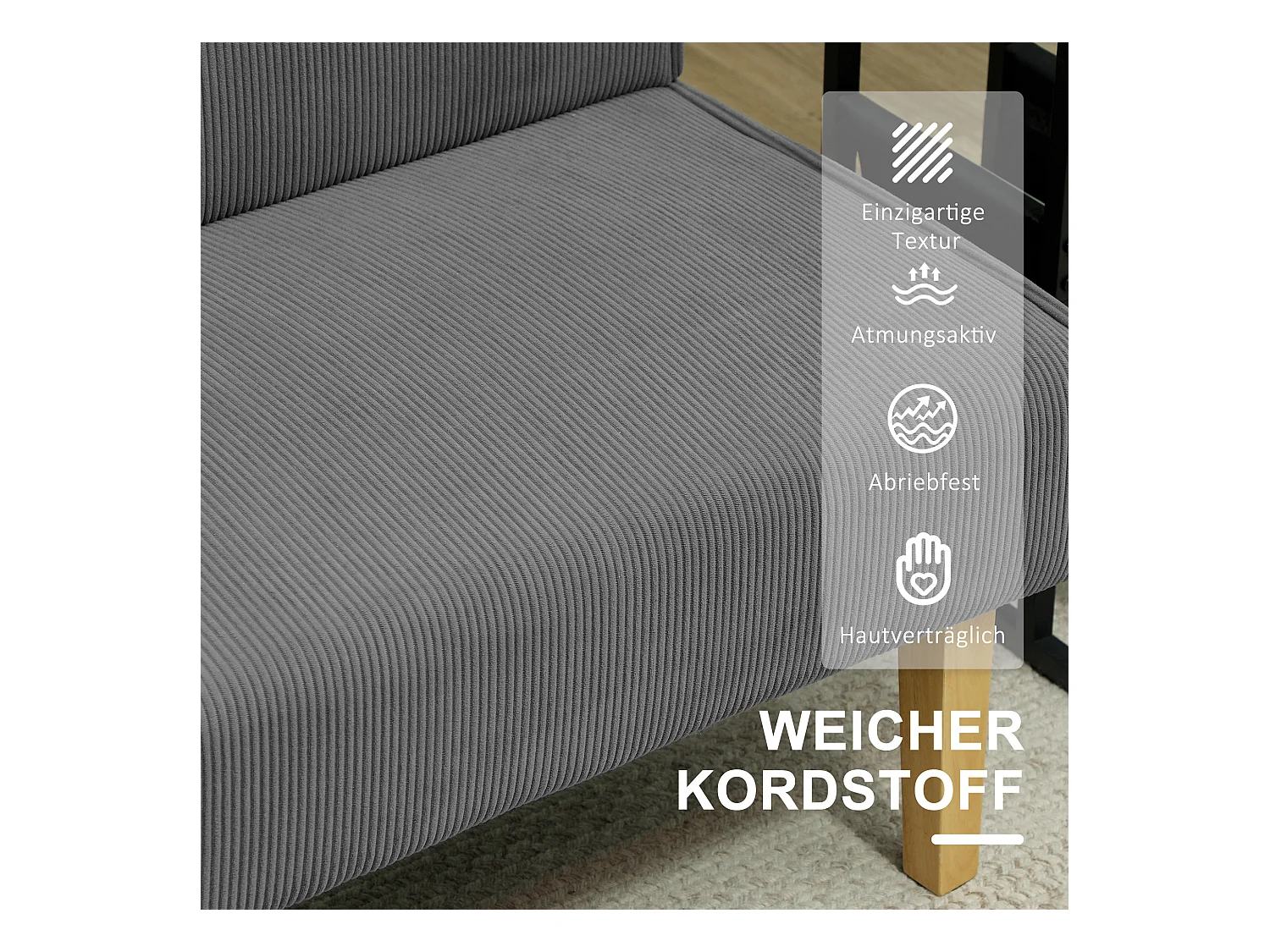 Canapé 2 places en velours côtelé, pieds en bois, rembourré, gris (110x62x85cm)