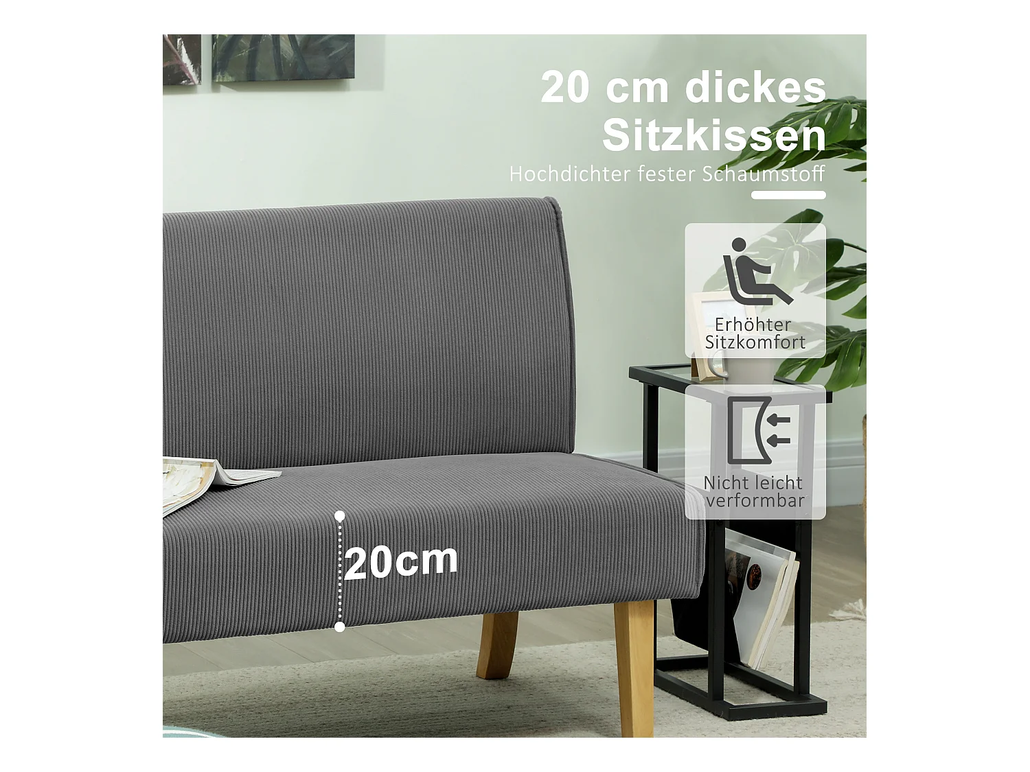 Canapé 2 places en velours côtelé, pieds en bois, rembourré, gris (110x62x85cm)