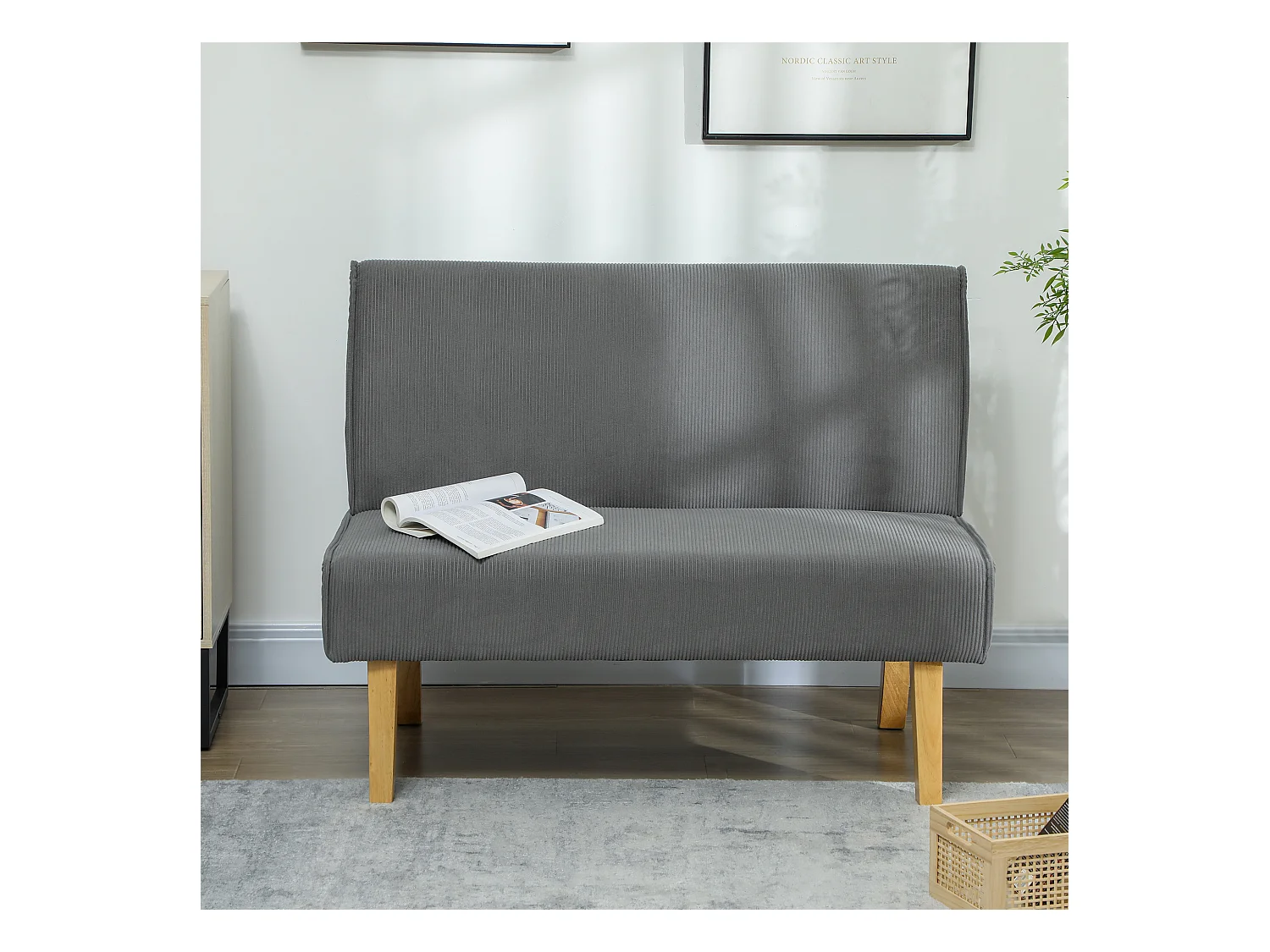 Canapé 2 places en velours côtelé, pieds en bois, rembourré, gris (110x62x85cm)
