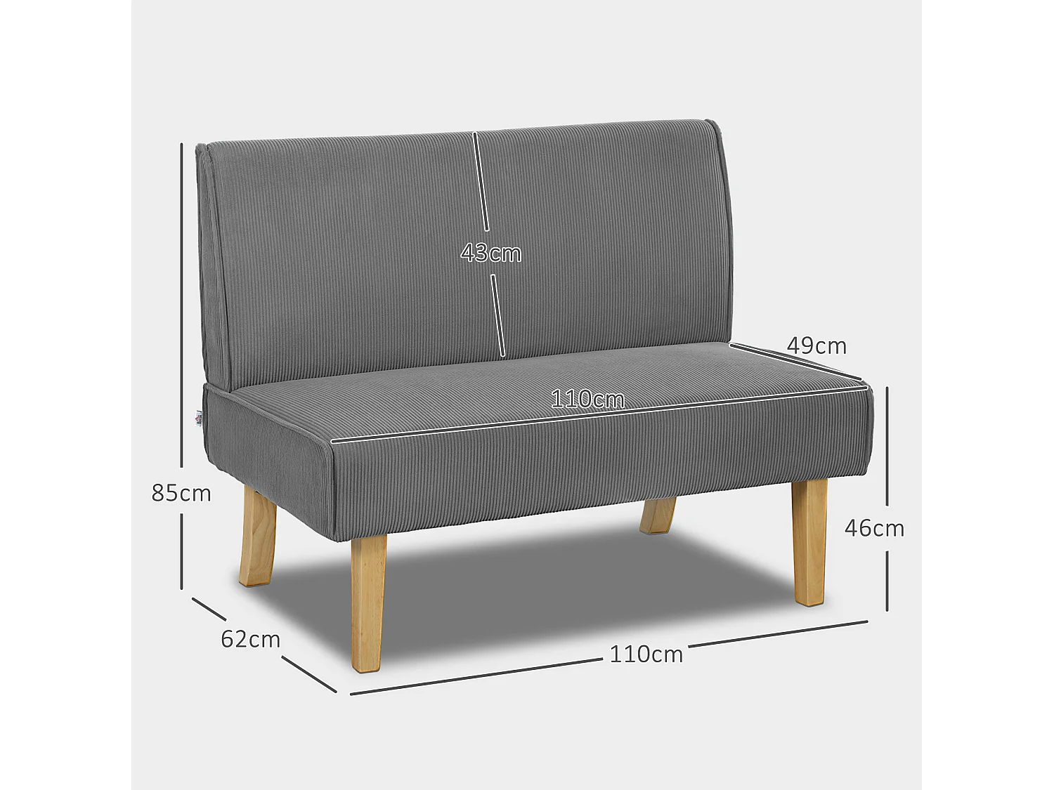 Canapé 2 places en velours côtelé, pieds en bois, rembourré, gris (110x62x85cm)