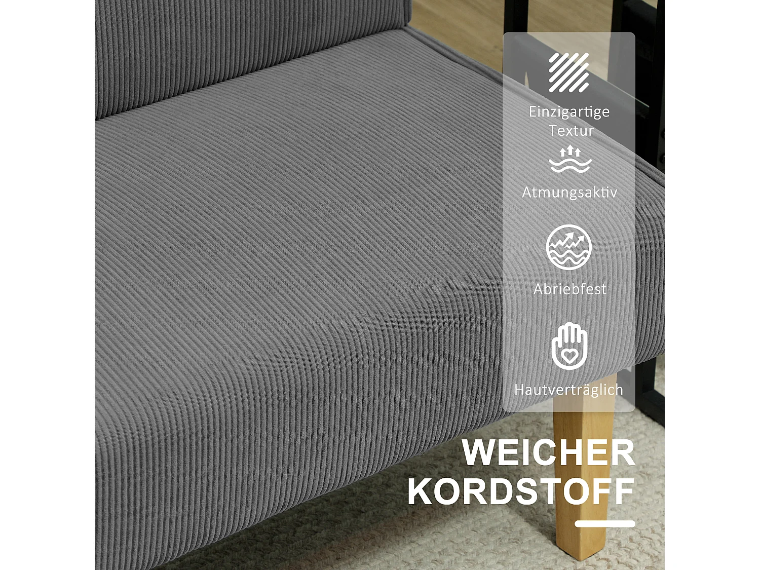 Canapé 2 places en velours côtelé, pieds en bois, rembourré, gris (110x62x85cm)