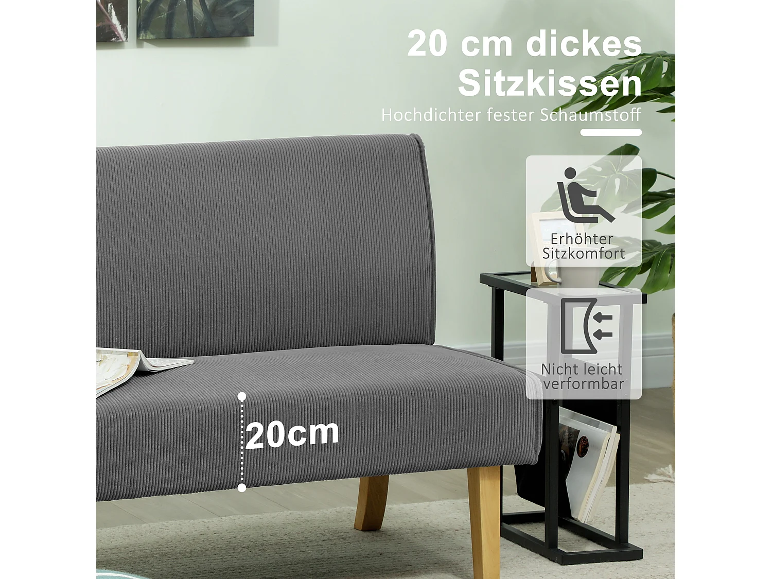 Canapé 2 places en velours côtelé, pieds en bois, rembourré, gris (110x62x85cm)