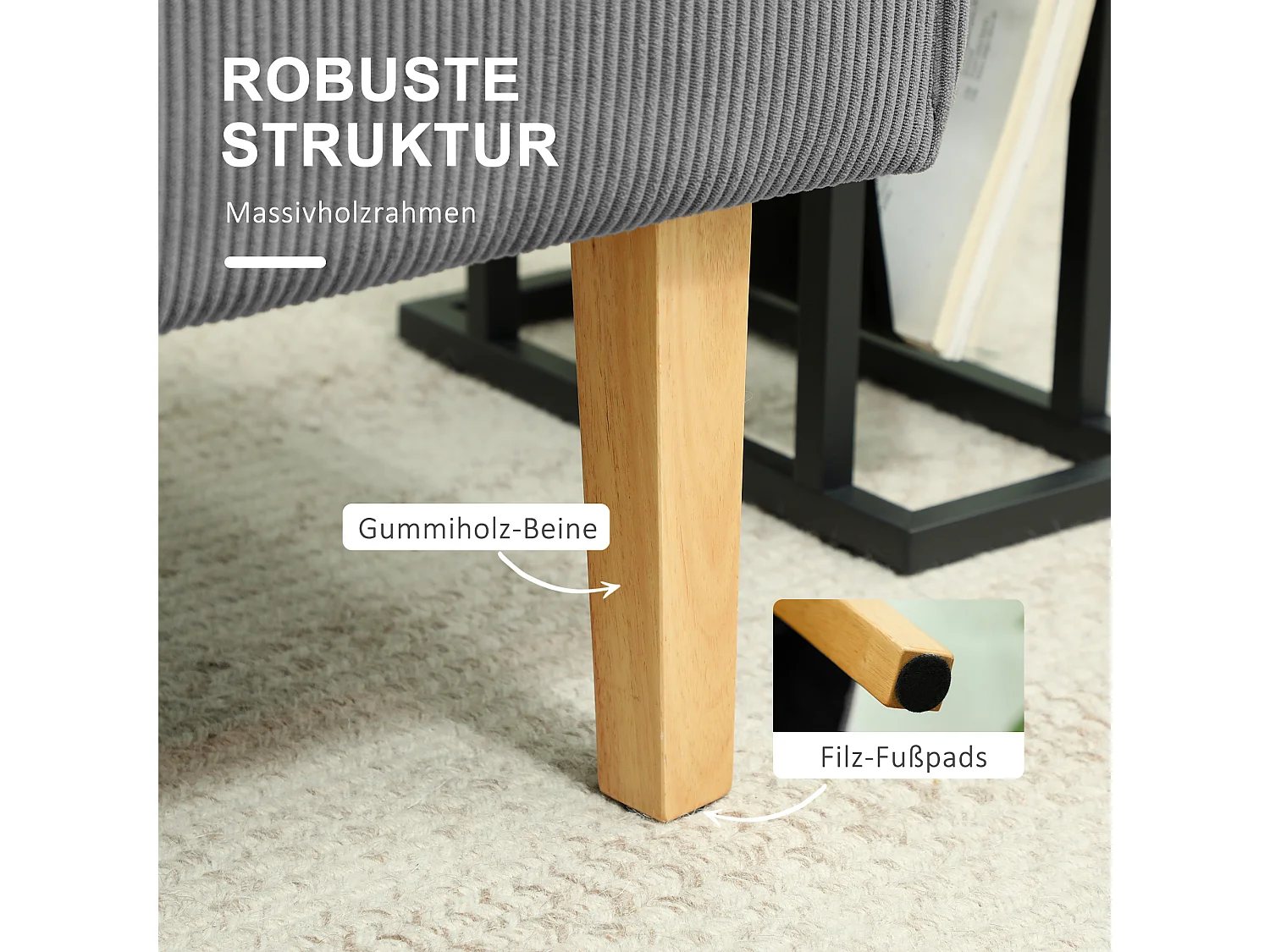 Canapé 2 places en velours côtelé, pieds en bois, rembourré, gris (110x62x85cm)