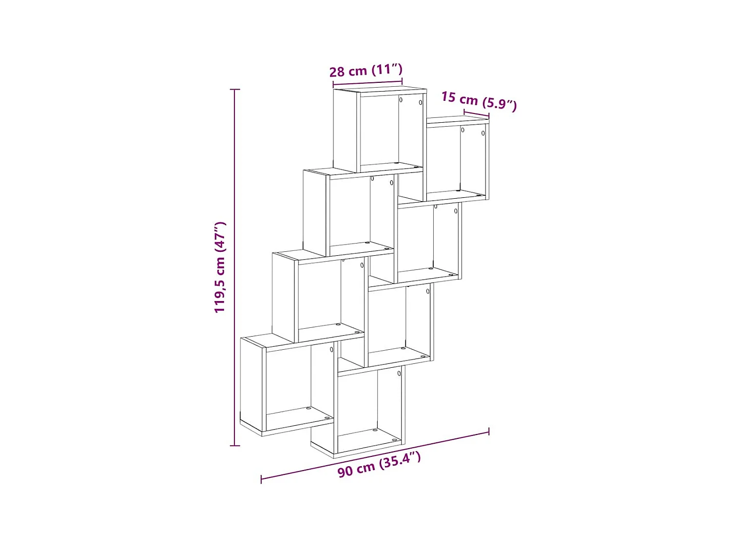 Étagère murale en forme de cube chêne artisanal 90x15x119,5 cm