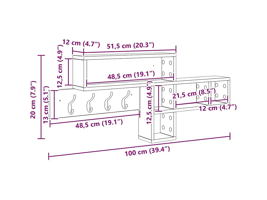 Appendiabiti da parete Bianco 100 x 12 x 43,5 cm Legno ingegnerizzato