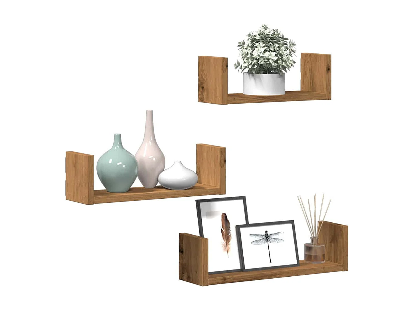 Estantes de pared de 3 piezas, roble hecho a mano, madera de ingeniería