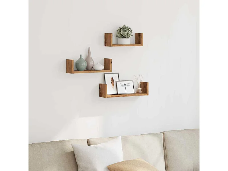 Estantes de pared de 3 piezas, roble hecho a mano, madera de ingeniería