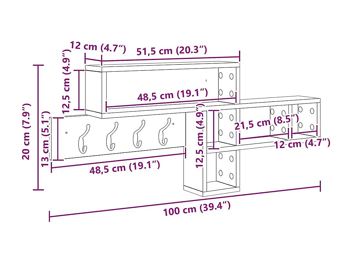 Perchero de pared de roble Sonoma 100 x 12 x 43,5 cm