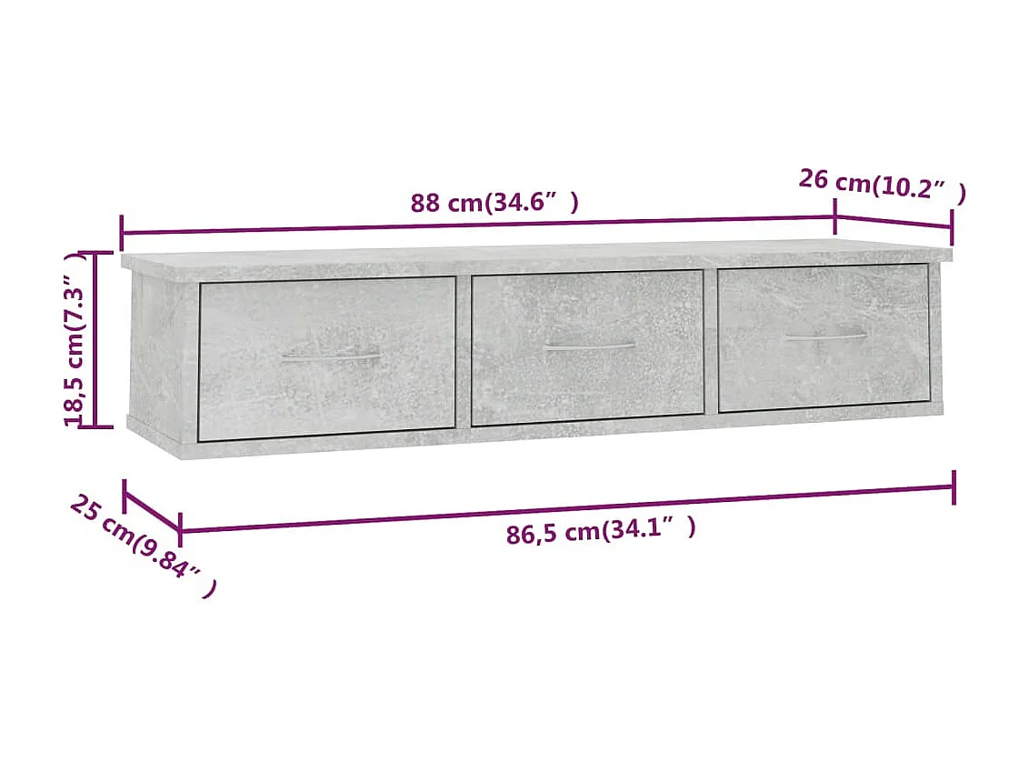 Mensola da parete con cassetti in legno ingegnerizzato grigio cemento