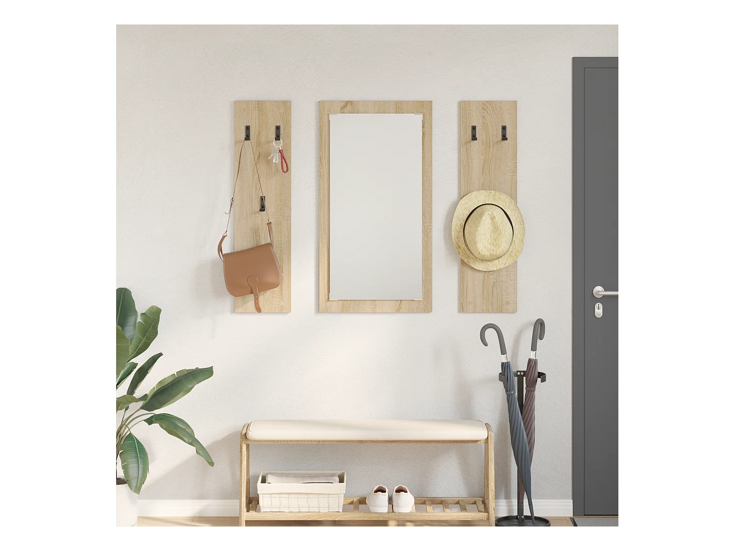 Appendiabiti da parete con contenitore e specchio in rovere Sonoma 96 x 1,5 x 90 cm