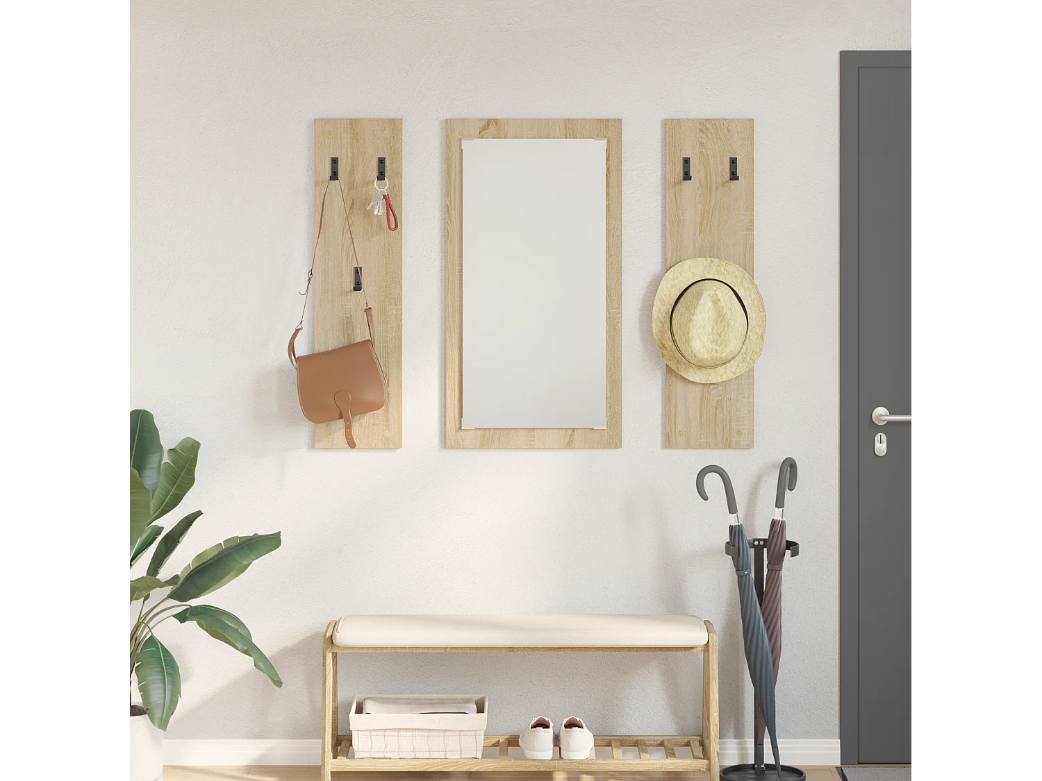 Porte-manteau mural avec stockage avec miroir Chêne sonoma 96 x 1,5 x 90 cm