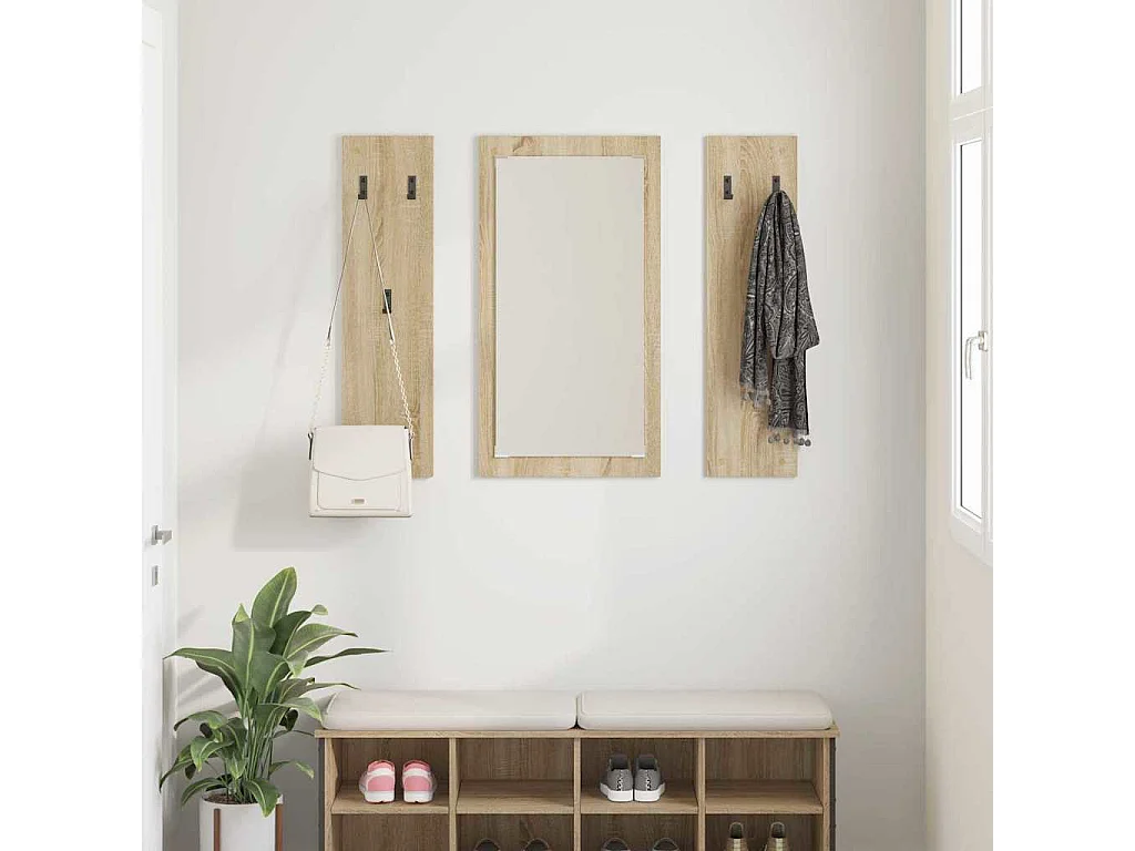 Porte-manteau mural avec stockage avec miroir Chêne sonoma 96 x 1,5 x 90 cm