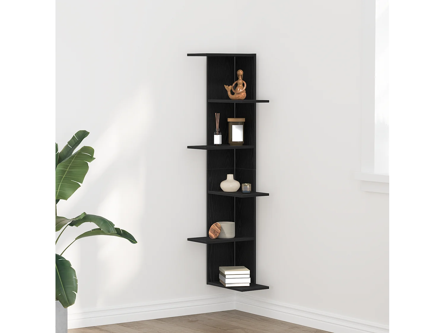 Étagère d'angle Chêne Noir 36,5x36,5x140 cm Bois d'ingénierie