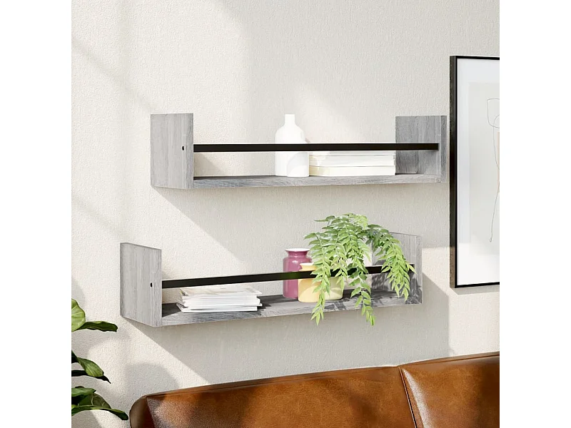 Étagères murales avec barres 2 pcs sonoma gris 60x16x14 cm