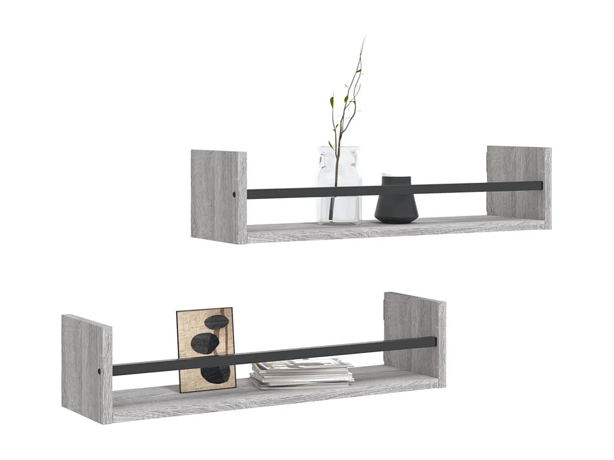 Étagères murales avec barres 2 pcs sonoma gris 60x16x14 cm