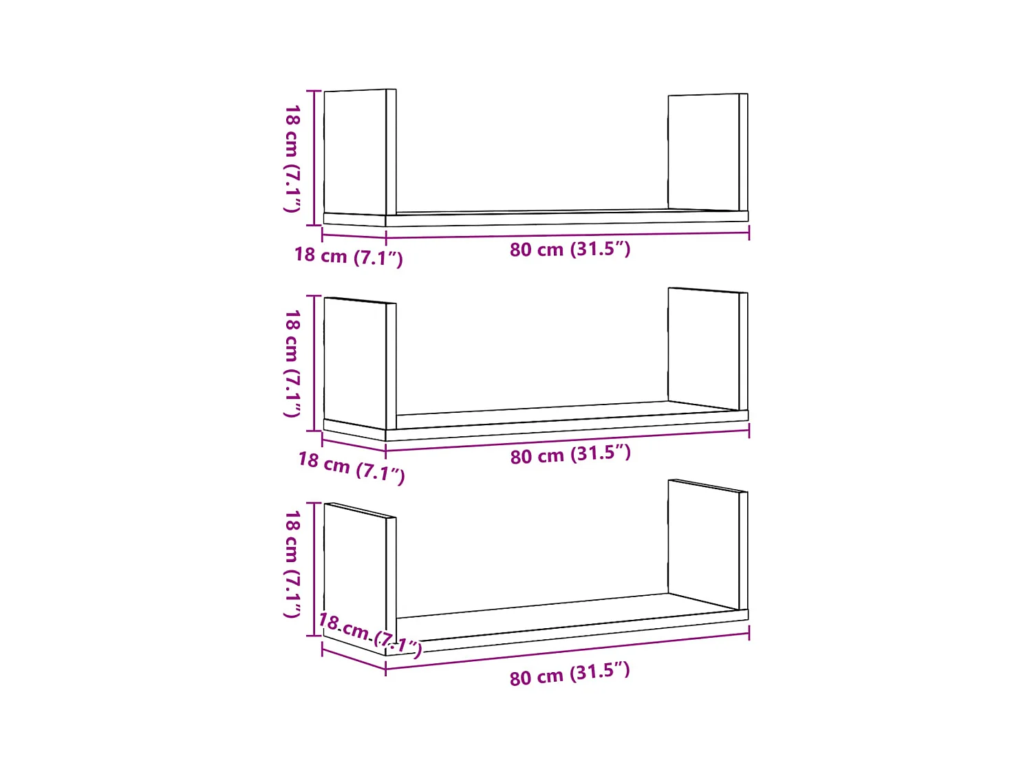Wandplanken 3 stuks Sonoma grijs 80x18x18 cm bewerkt hout