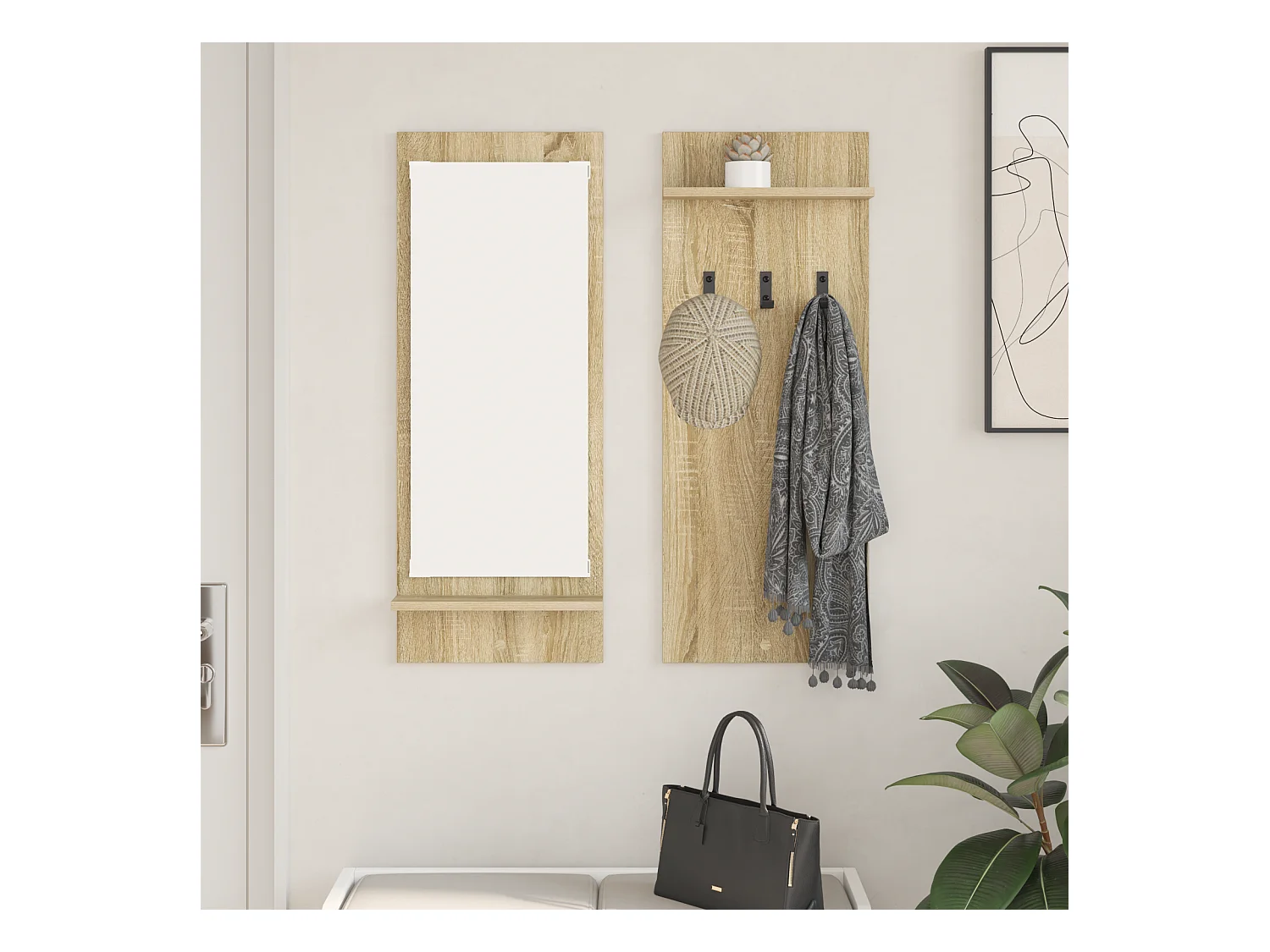 Porte-manteau mural avec étagère avec stockage avec miroir Chêne Sonoma 70 x 10 x 90 cm