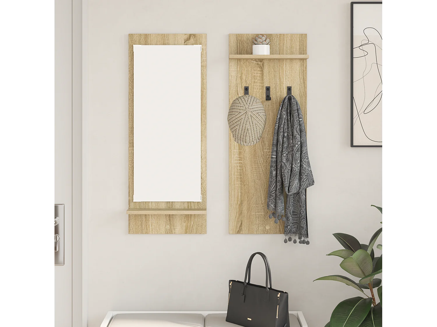 Porte-manteau mural avec étagère avec stockage avec miroir Chêne Sonoma 70 x 10 x 90 cm