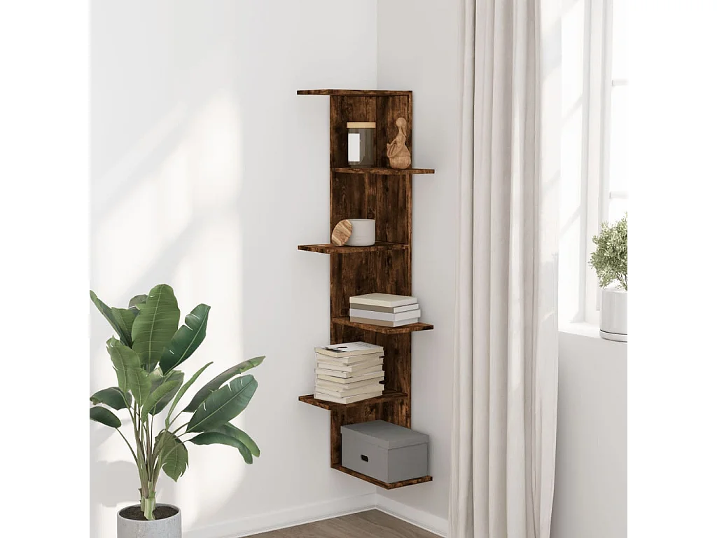 Estante de esquina de pared de roble ahumado de madera de ingeniería