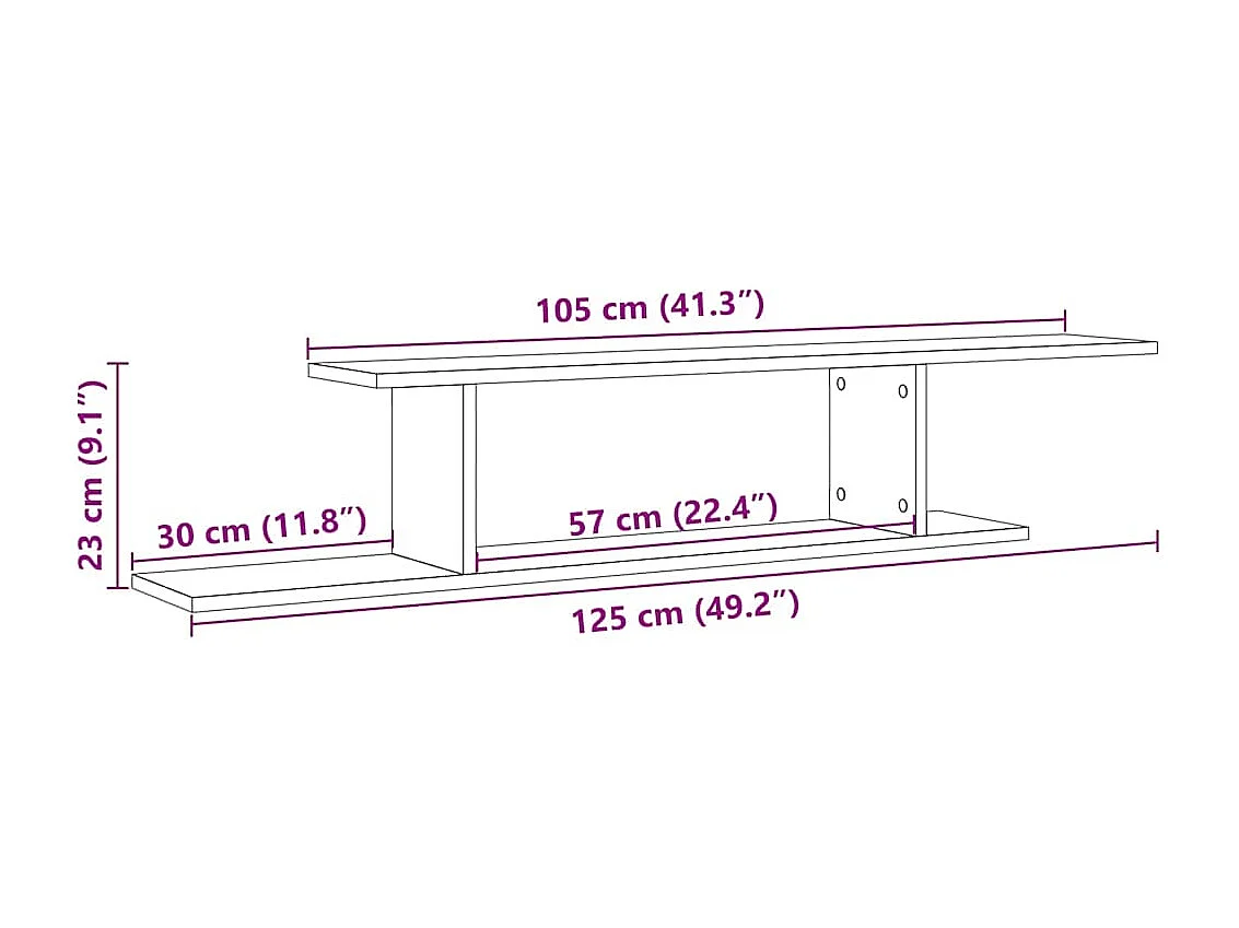 TV-wandplank, handgemaakt eikenhout, 125x18x23cm, bewerkt hout