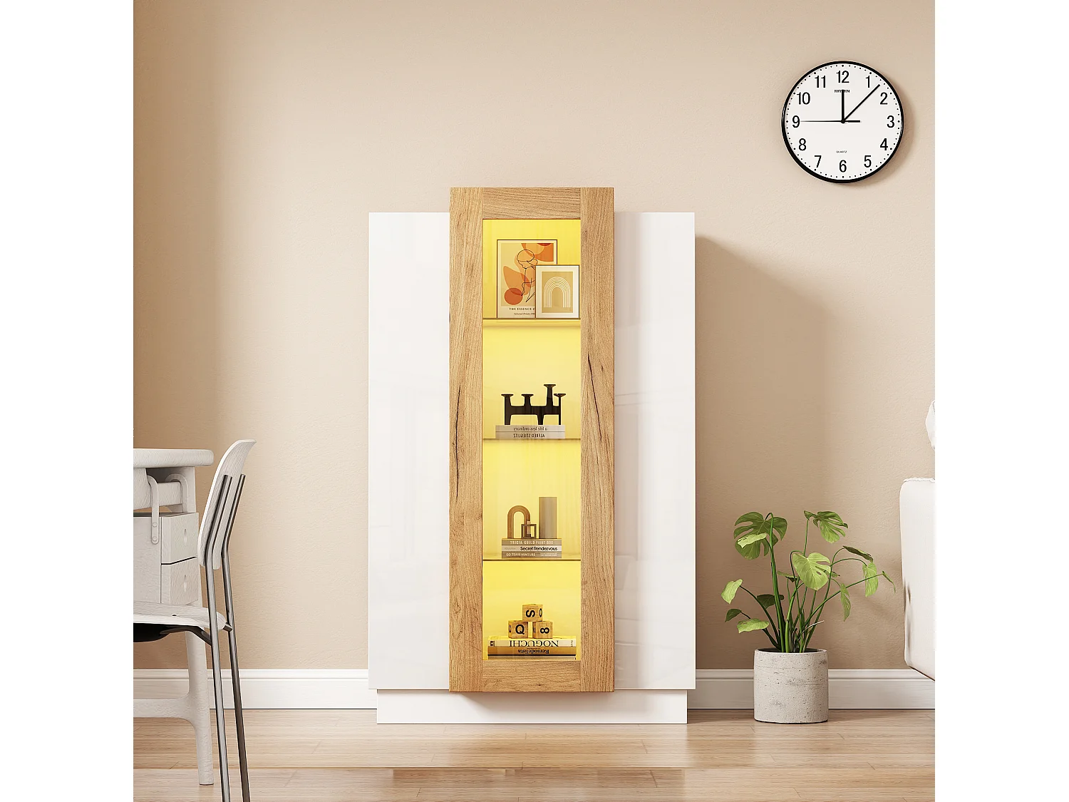 Vitrina con LED, 3 puertas, estantes regulables, blanca y madera (74x40x120 cm)