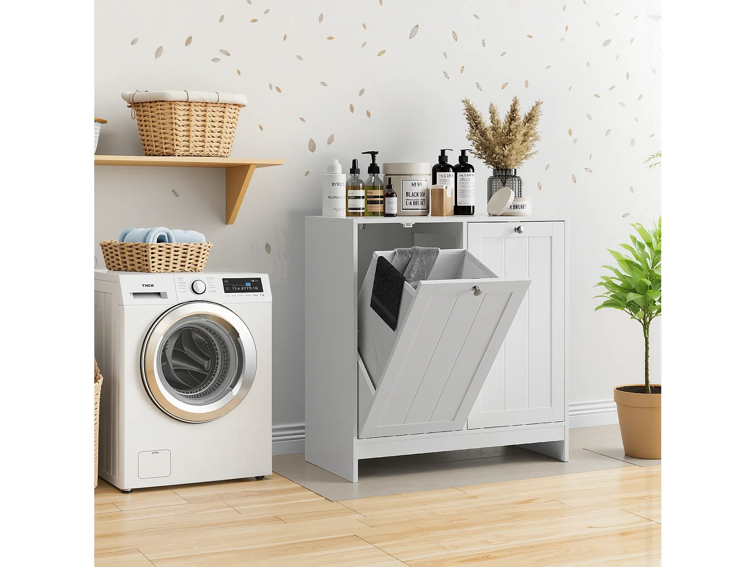 Panier à linge basculant avec panier amovible, meuble de rangement pour salle de bain, organisateur freestanding, blanc (66x33x68 cm)