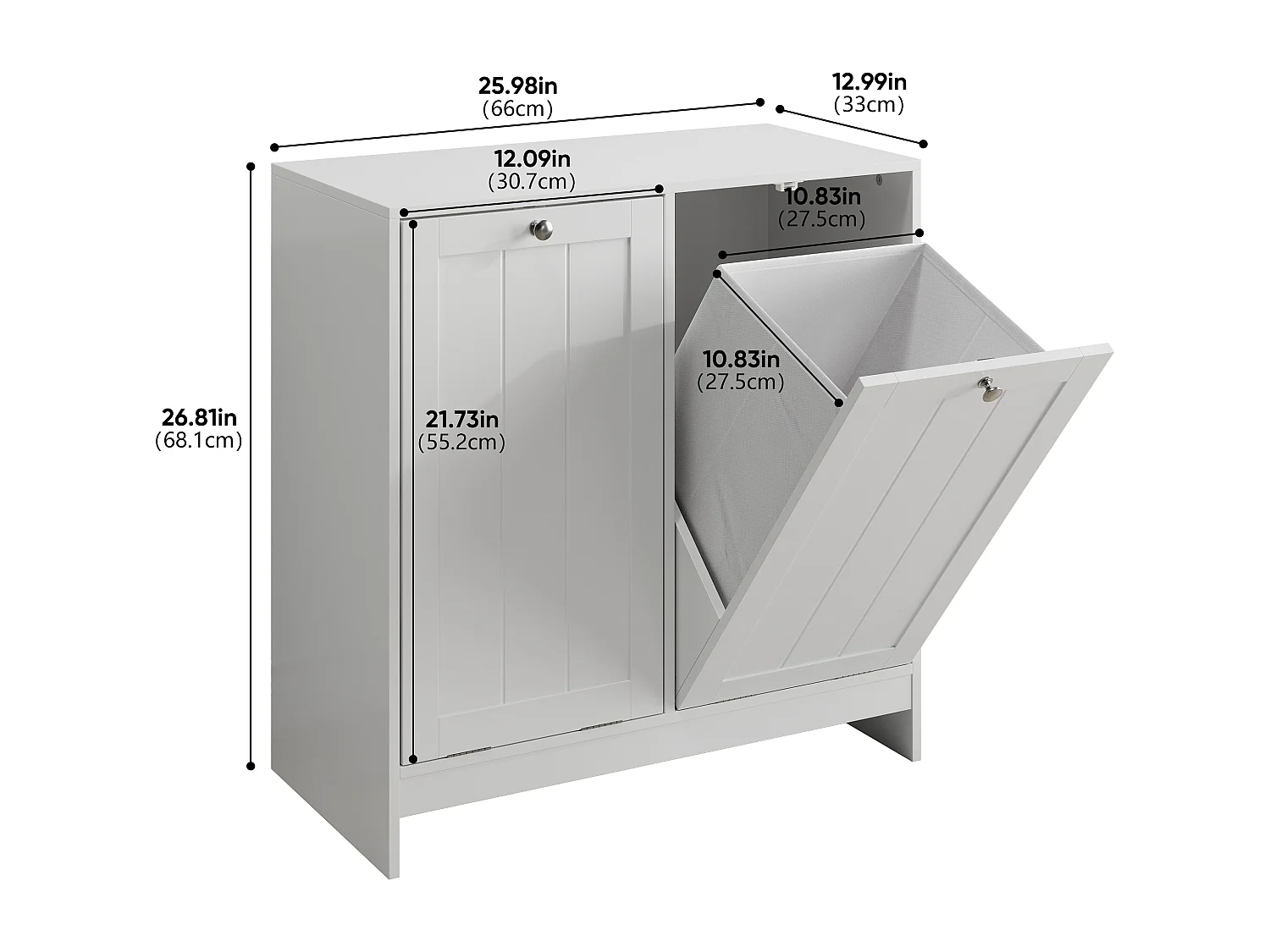 Panier à linge basculant avec panier amovible, meuble de rangement pour salle de bain, organisateur freestanding, blanc (66x33x68 cm)