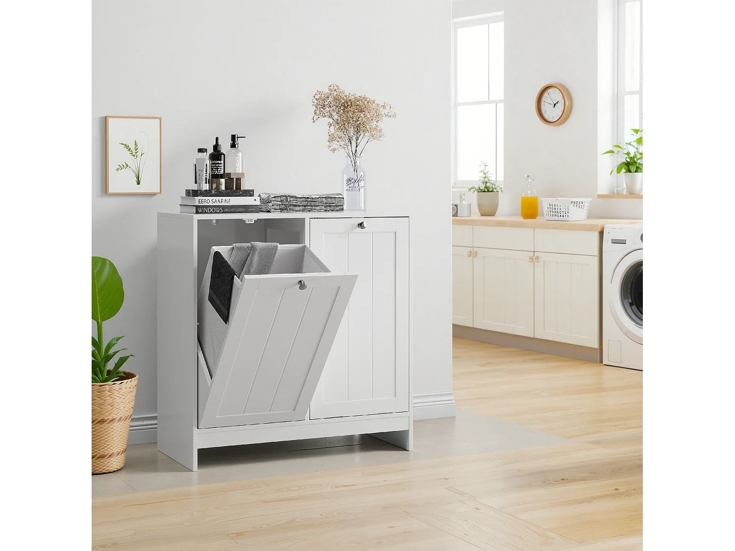Panier à linge basculant avec panier amovible, meuble de rangement pour salle de bain, organisateur freestanding, blanc (66x33x68 cm)