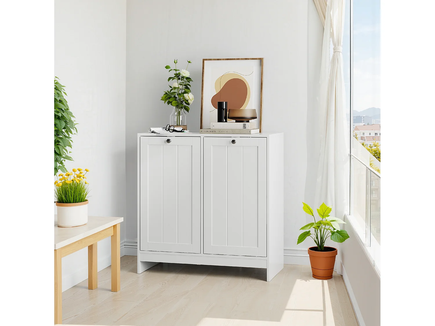 Panier à linge basculant avec panier amovible, meuble de rangement pour salle de bain, organisateur freestanding, blanc (66x33x68 cm)