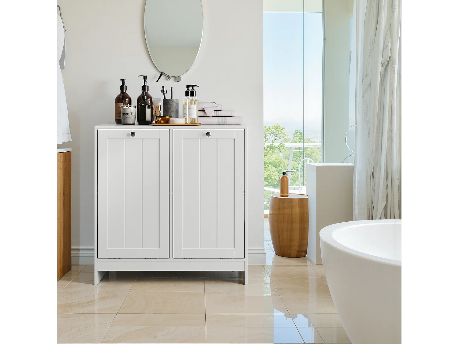 Panier à linge basculant avec panier amovible, meuble de rangement pour salle de bain, organisateur freestanding, blanc (66x33x68 cm)